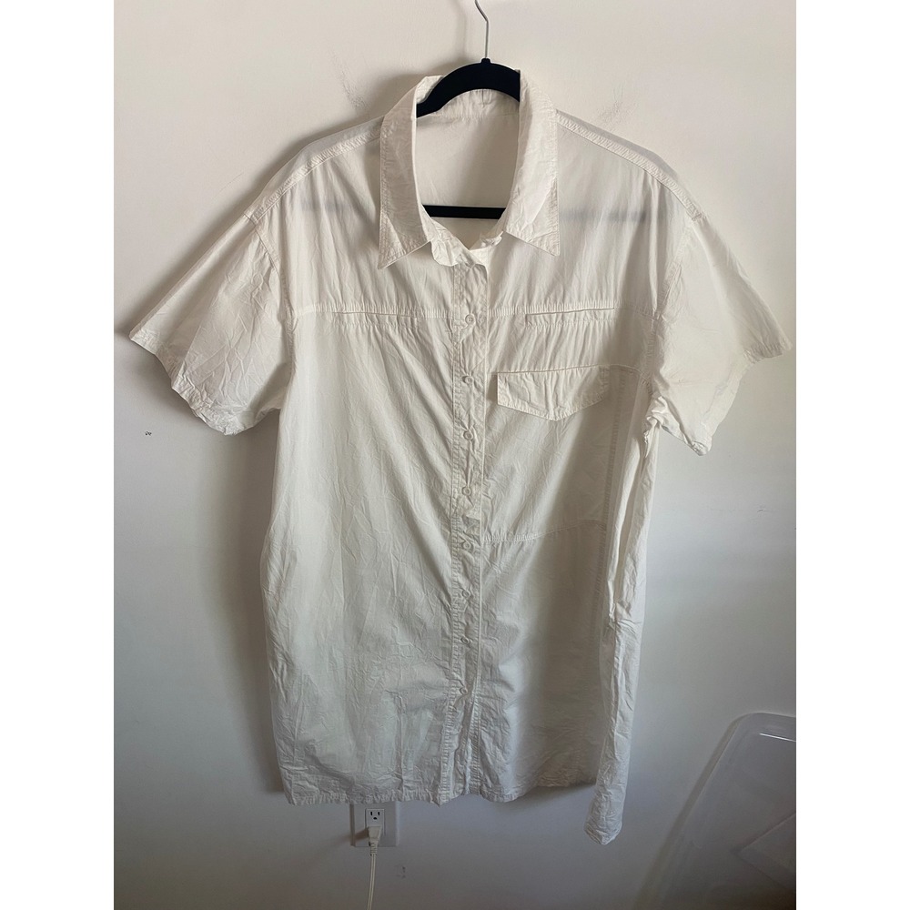 White Cotton Short Sleeve Button Up Oversized Shirt Dress with Pockets